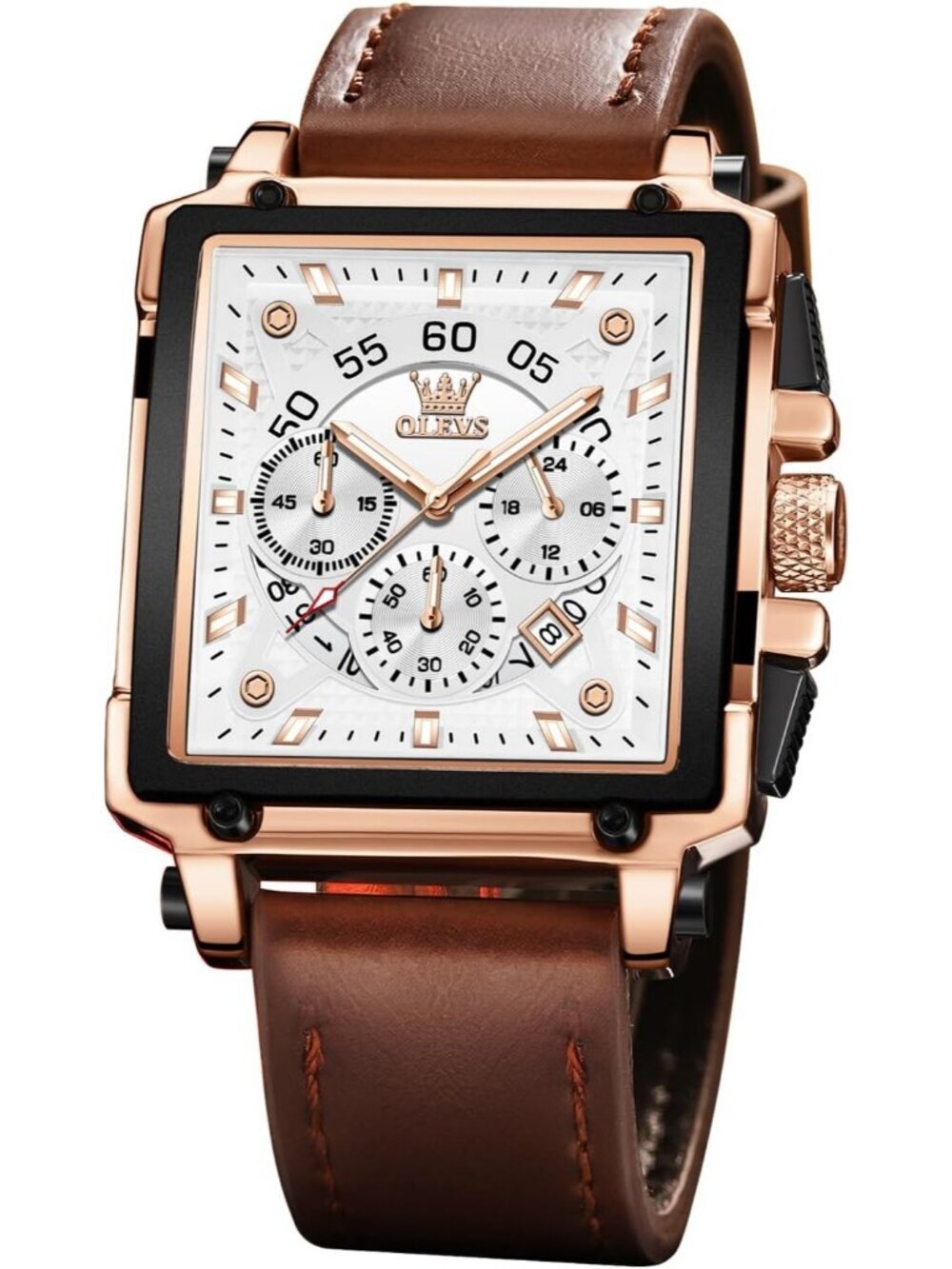 Men's White Quartz Leather Strap Waterproof Casual Trendy Square Dial Wristwatch